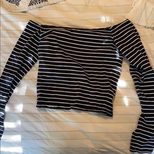 striped off the shoulder navy and white top